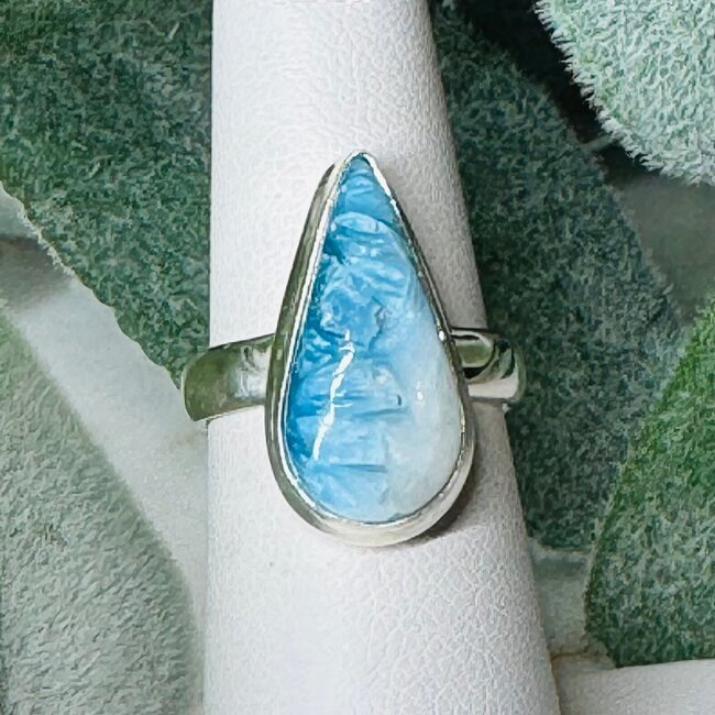 Blue Ice (Glacierite Nakaurite) Rings - Size 6 Teardrop Pear Bezel Set - Sterling Silver
