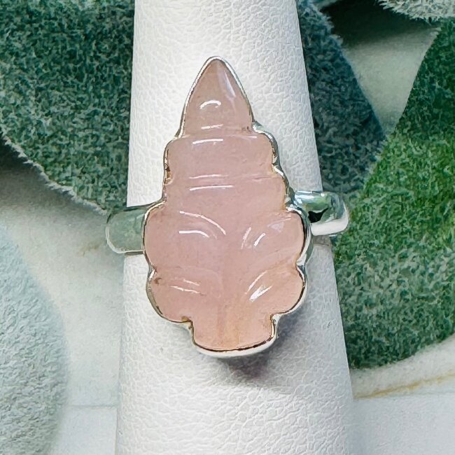 Rose Quartz Rings - Size 6 Carved Leaf - Bezel Set Sterling Silver