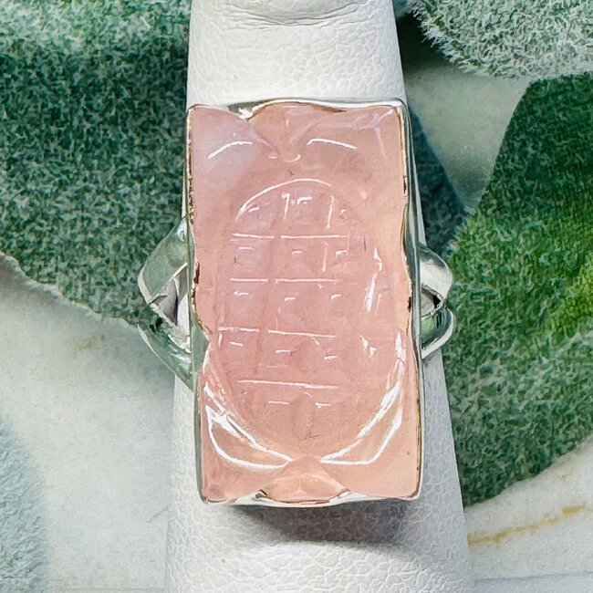 Rose Quartz Rings - Size 6 Carved Flower - Bezel Set Sterling Silver