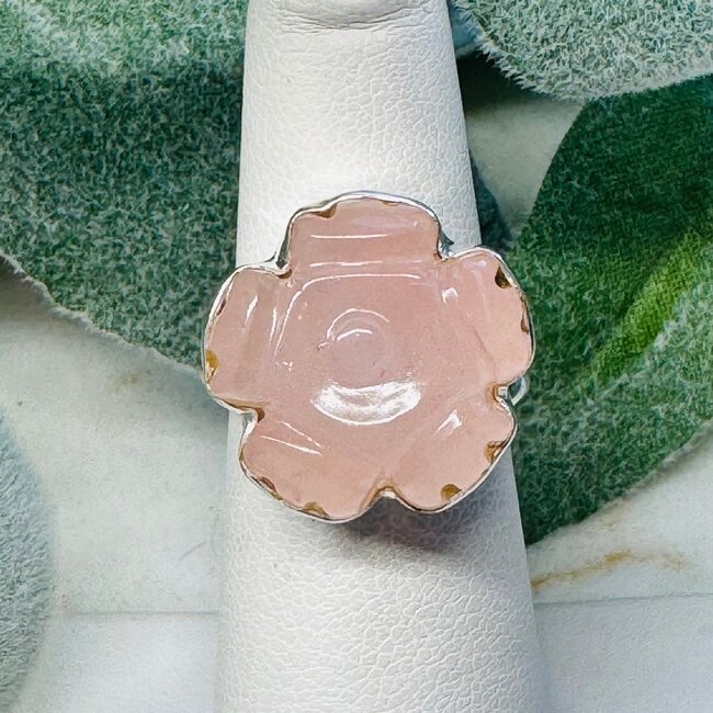 Rose Quartz Rings - Size 7 Carved Round Flower  - Bezel Set Sterling Silver