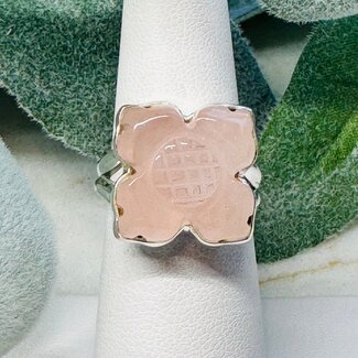 Rose Quartz Rings - Size 7 Carved Square Flower  - Bezel Set Sterling Silver