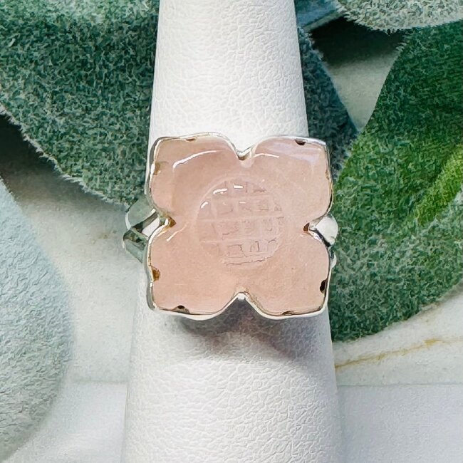 Rose Quartz Rings - Size 7 Carved Square Flower  - Bezel Set Sterling Silver