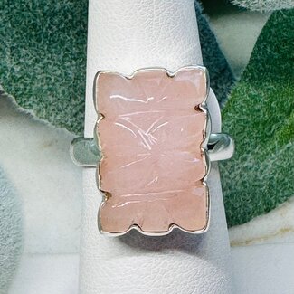 Rose Quartz Rings - Size 8 Carved Rectangle Flower  - Bezel Set Sterling Silver