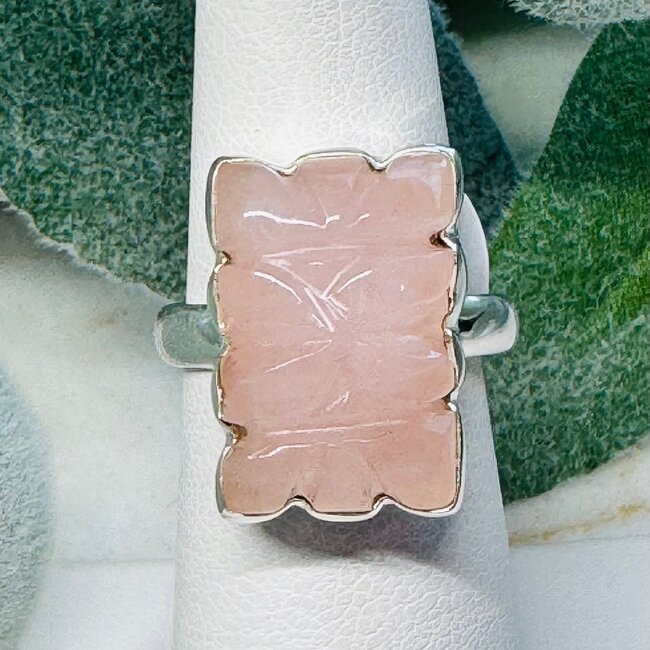Rose Quartz Rings - Size 8 Carved Rectangle Flower  - Bezel Set Sterling Silver