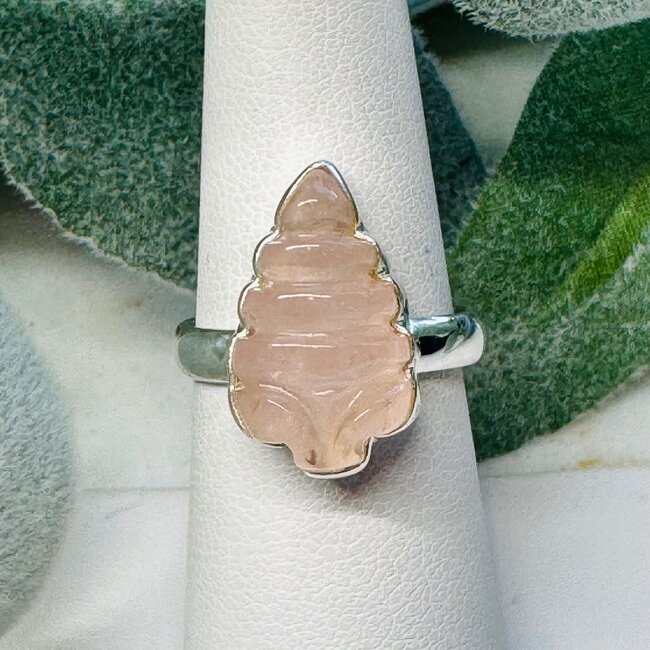 Rose Quartz Rings - Size 8 Carved Leaf  - Bezel Set Sterling Silver