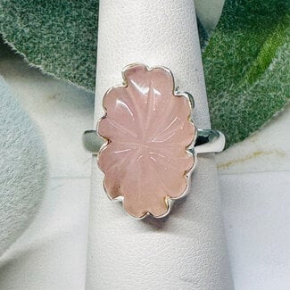 Rose Quartz Rings - Size 9 Carved Leaf  - Bezel Set Sterling Silver