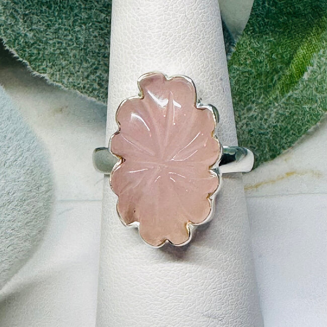 Rose Quartz Rings - Size 9 Carved Leaf  - Bezel Set Sterling Silver
