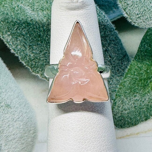 Rose Quartz Rings - Size 5 Carved Flower  - Bezel Set Sterling Silver