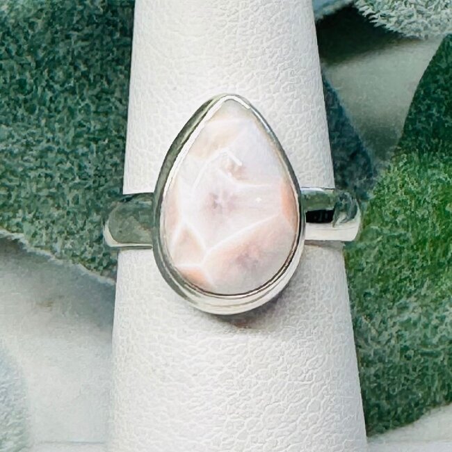 Pink Natrolite Rings - Size 6 Teardrop Pear - Bezel Set Sterling Silver (Rhodatrolite Thomsonite Pink Larimar)