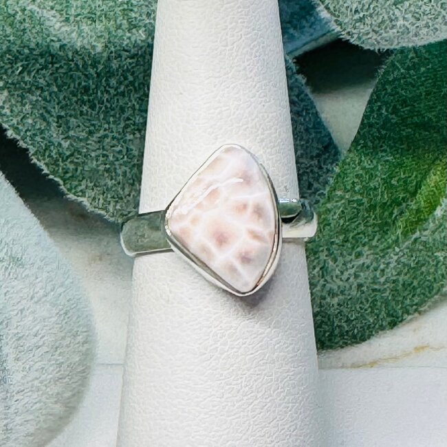 Pink Natrolite Rings - Size 7 Obtuse Triangle Bezel Set - Sterling Silver