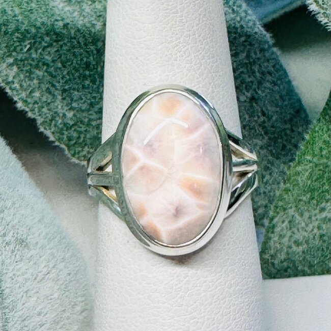 Pink Natrolite Rings - Size 7 Oval Bezel Set - Sterling Silver (Rhodatrolite Thomsonite Pink Larimar)
