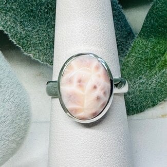 Pink Natrolite Rings - Size 8 Oval Bezel Set - Sterling Silver (Rhodatrolite Thomsonite Pink Larimar)
