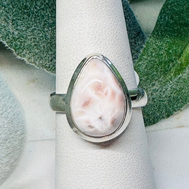 Pink Natrolite Rings - Size 8 Teardrop Pear Bezel Set - Sterling Silver (Rhodatrolite Thomsonite Pink Larimar)