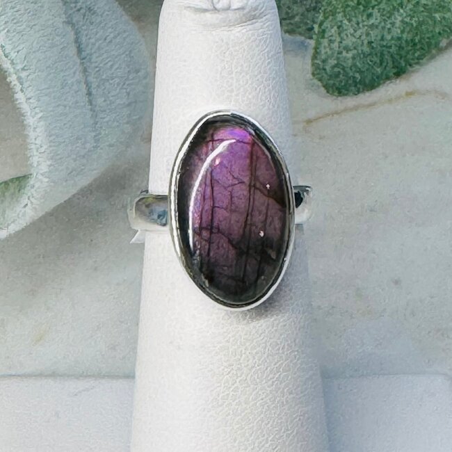 Purple Labradorite Rings - Size 6 Oval Bezel Set - Sterling Silver