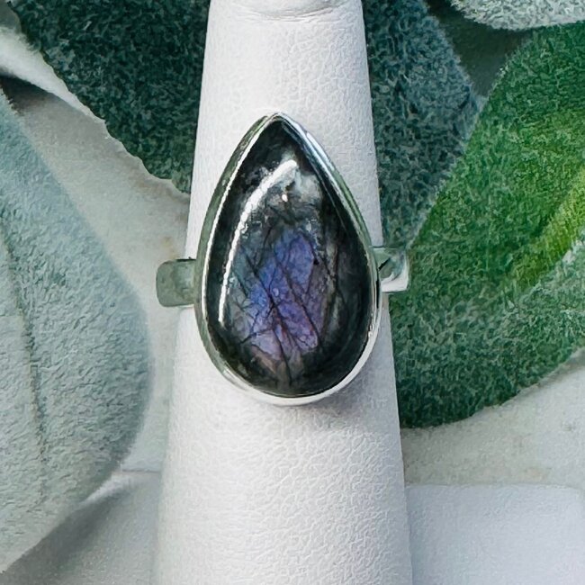 Purple Labradorite Rings - Size 7 Teardrop Pear Bezel Set - Sterling Silver
