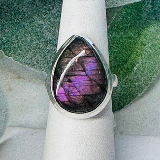 Purple Fire Labradorite Rings - Size 8 Teardrop Pear Bezel Set - Sterling Silver