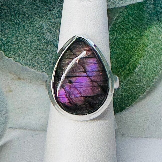 Purple Labradorite Rings - Size 8 Teardrop Pear Bezel Set - Sterling Silver