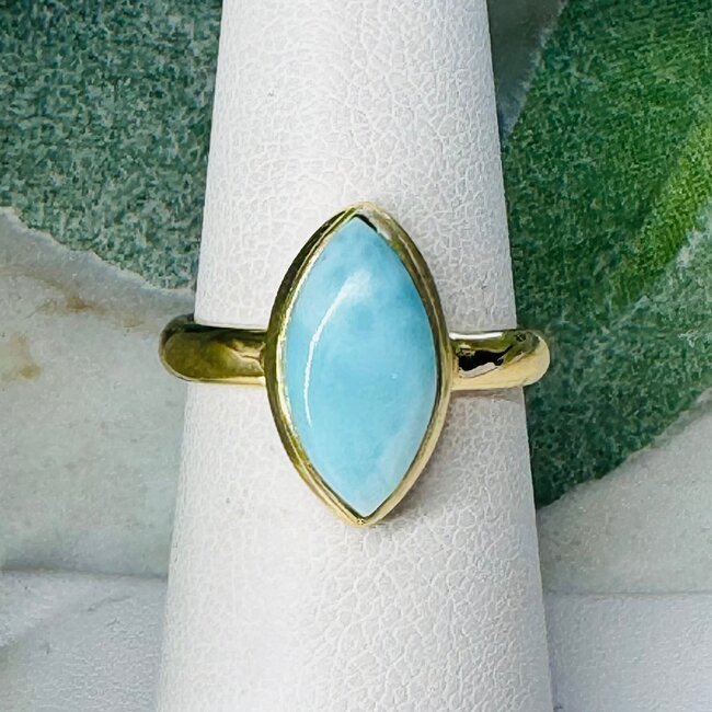 Larimar Rings - Size 7 Teardrop Pear Bezel Set - 18k Gold Vermil