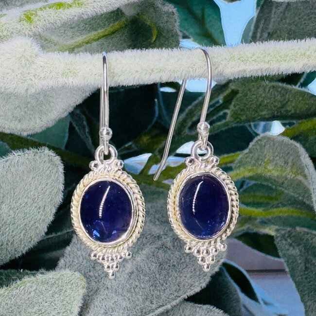 Amethyst Earrings - Dangle Drop Oval Deco Bezel Set - Sterling Silver