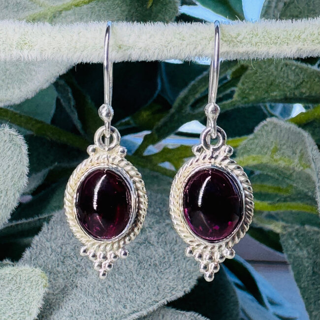 Garnet Earrings - Dangle Drop Oval Deco Bezel Set - Sterling Silver