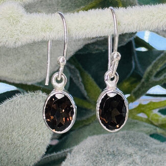 Smoky (Smokey) Quartz Earrings - Drop Dangle Oval Faceted - Bezel Set Sterling Silver