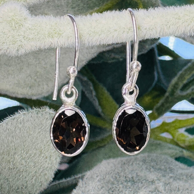 Smoky (Smokey) Quartz Earrings - Drop Dangle Oval Faceted - Bezel Set Sterling Silver