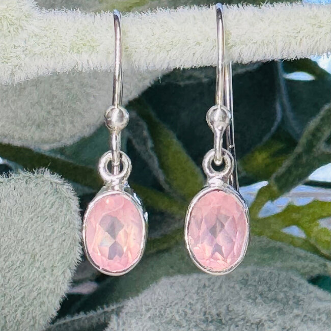 Rose Quartz Earrings - Dangle Drop Oval Faceted - Bezel Set Sterling Silver