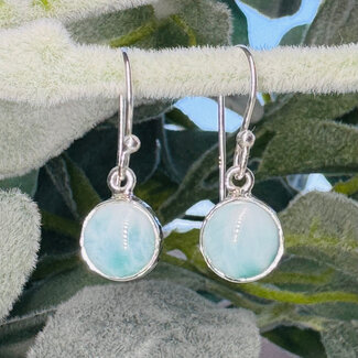 Larimar Earrings - Dangle Drop Circle Round - Bezel Set Sterling Silver