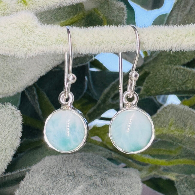 Larimar Earrings - Dangle Drop Circle Round - Bezel Set Sterling Silver