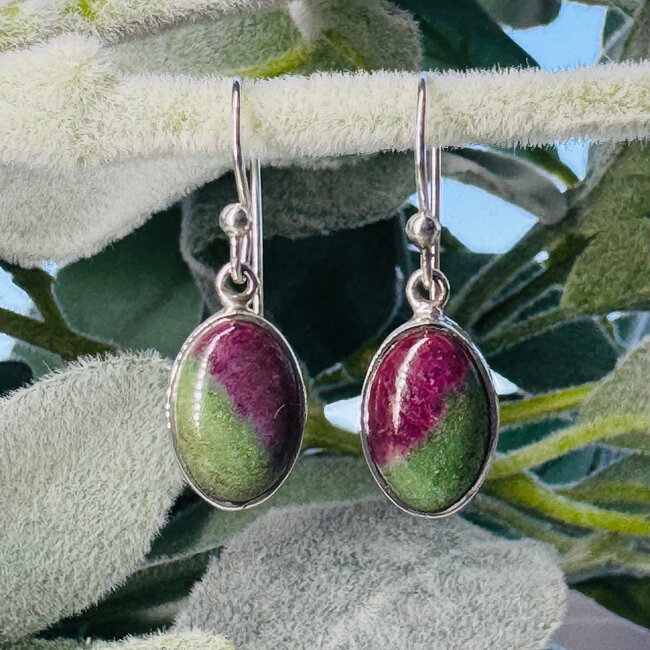 Ruby Zoisite Earrings - Dangle Drop Oval - Bezel Set Sterling Silver