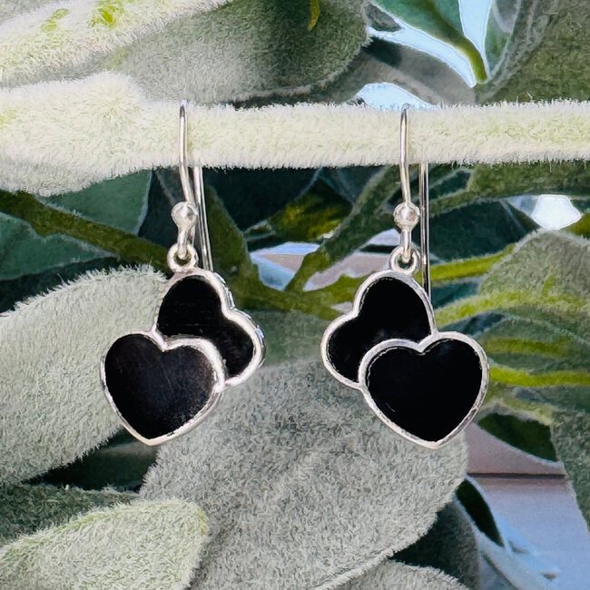 Black Onyx Earrings - Dangle Drop Double Hearts - Bezel Set Sterling Silver
