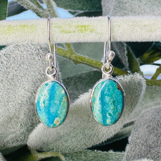 Peruvian Blue Opal Earrings - Dangle Drop Oval #1 - Bezel Set Sterling Silver