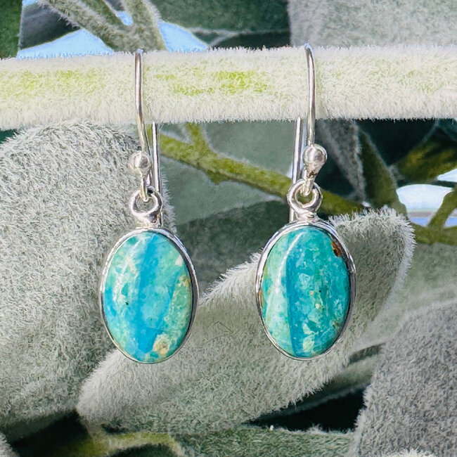 Peruvian Blue Opal Earrings - Dangle Drop Oval #1 - Bezel Set Sterling Silver