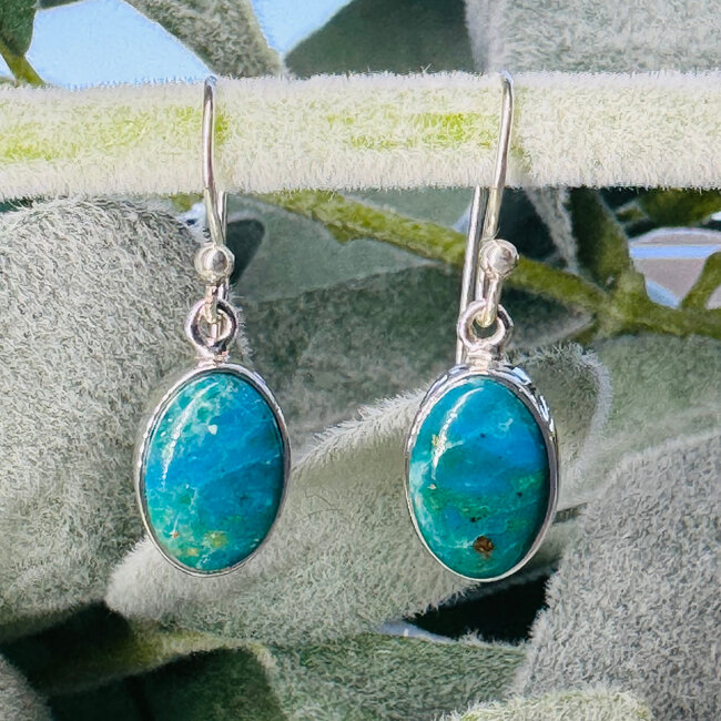 Peruvian Blue Opal Earrings - Dangle Drop Oval #2 - Bezel Set Sterling Silver