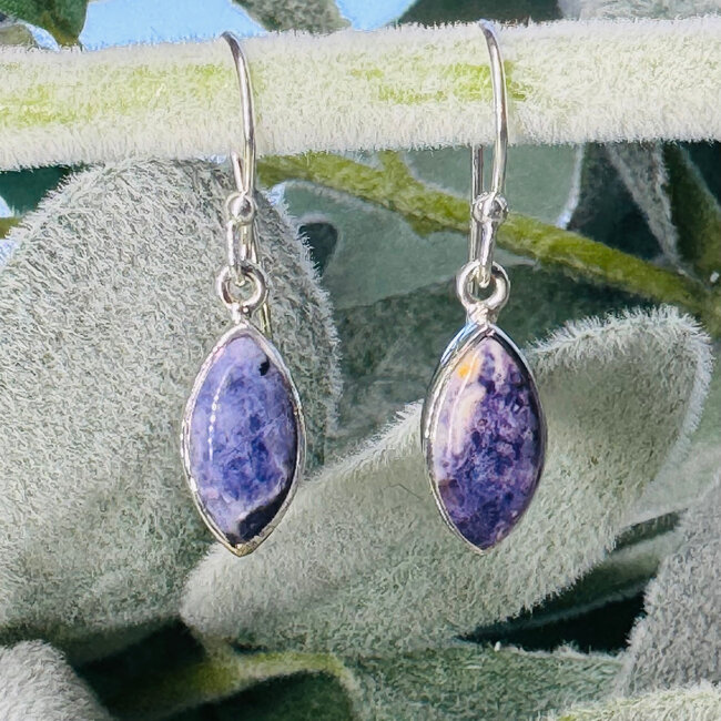 Tiffany Stone (Bertrandite) Earrings - Dangle Drop Marquise - Bezel Set Sterling Silver