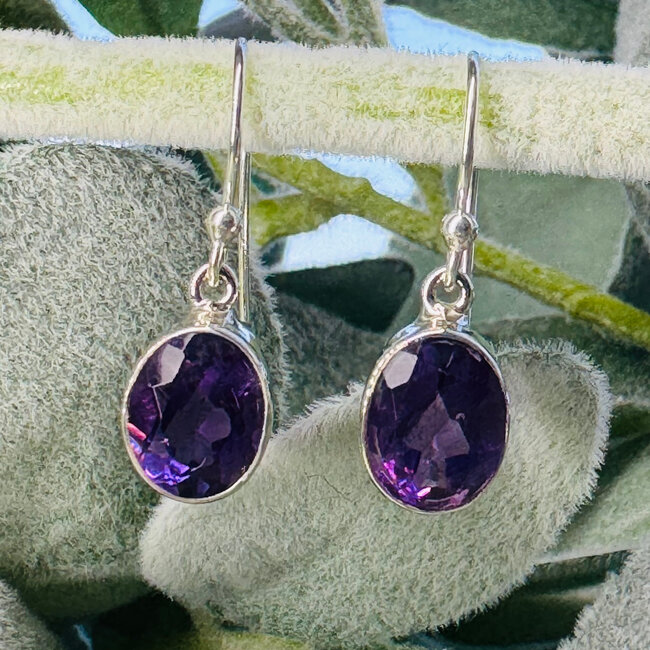Amethyst Earrings - Dangle Drop Oval Faceted - Bezel Set Sterling Silver