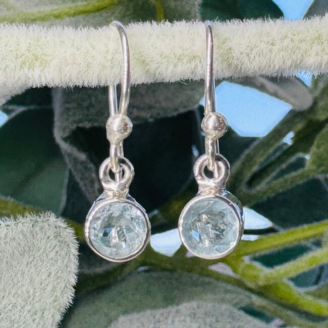Aquamarine Earrings - Dangle Drop Round Circle Faceted - Bezel Set Sterling Silver