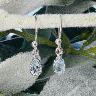 Aquamarine Earrings - Dangle Drop Teardrop Pear Faceted - Bezel Set Sterling Silver