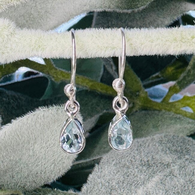 Aquamarine Earrings - Dangle Drop Teardrop Pear Faceted - Bezel Set Sterling Silver