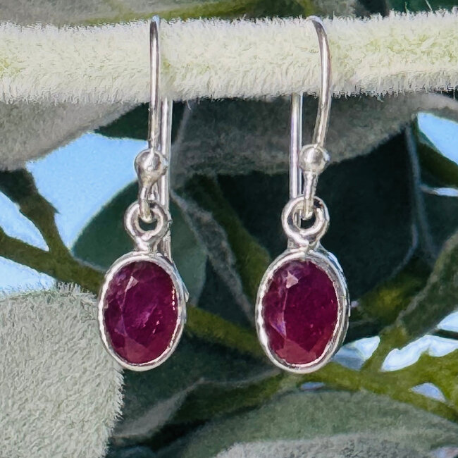 Ruby Earrings - Dangle Drop Oval Faceted - Bezel Set Sterling Silver