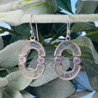 Rose Quartz Earrings - Dangle Drop Arch Faceted Bezel Set  - Sterling Silver