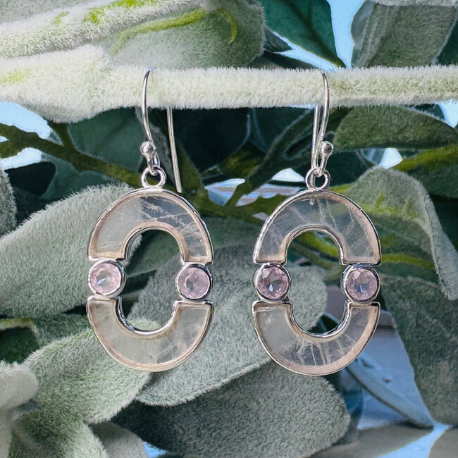 Rose Quartz Earrings - Dangle Drop Arch Faceted Bezel Set  - Sterling Silver