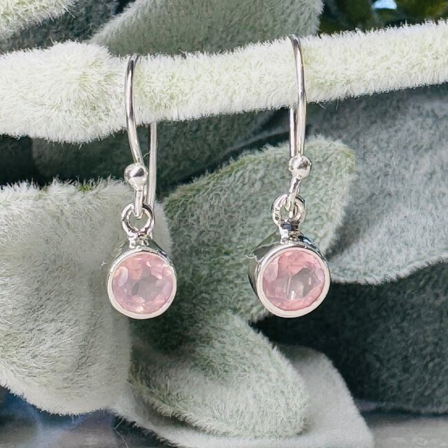 Rose Quartz Earrings - Dangle Drop Round Circle Bezel Set - Sterling Silver