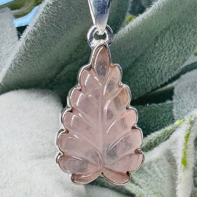 Rose Quartz Pendants - Leaf Carving Teardrop Pear #2 - Bezel Set Sterling Silver