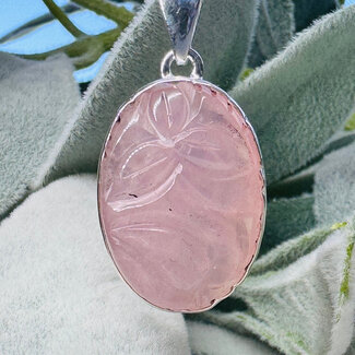 Rose Quartz Pendants - Leaf Carving Oval #1 - Bezel Set Sterling Silver