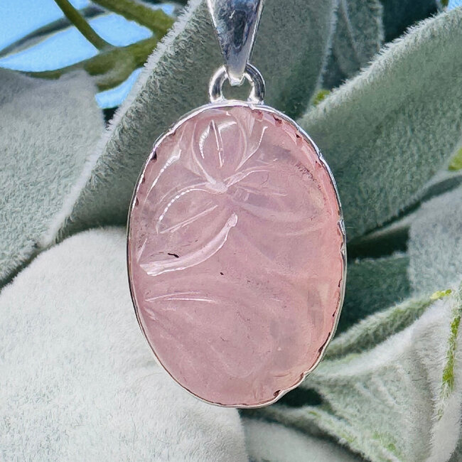 Rose Quartz Pendants - Leaf Carving Oval #1 - Bezel Set Sterling Silver