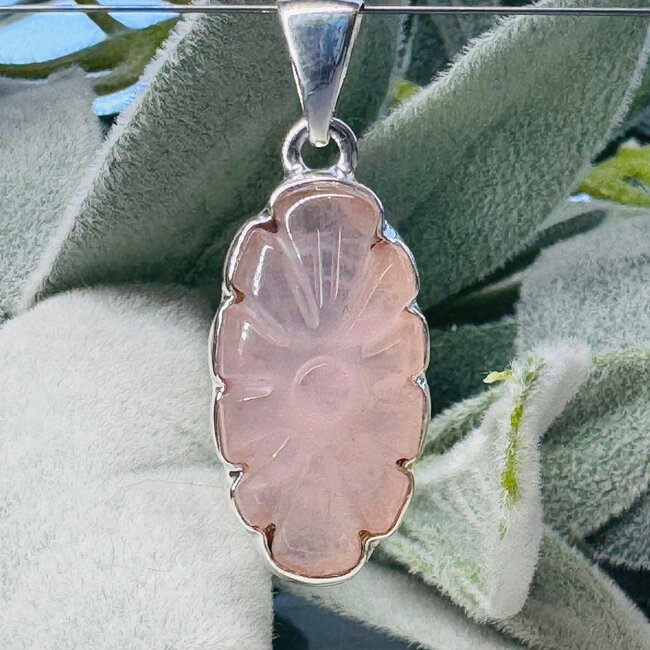 Rose Quartz Pendants - Flower Carving Oval - Bezel Set Sterling Silver