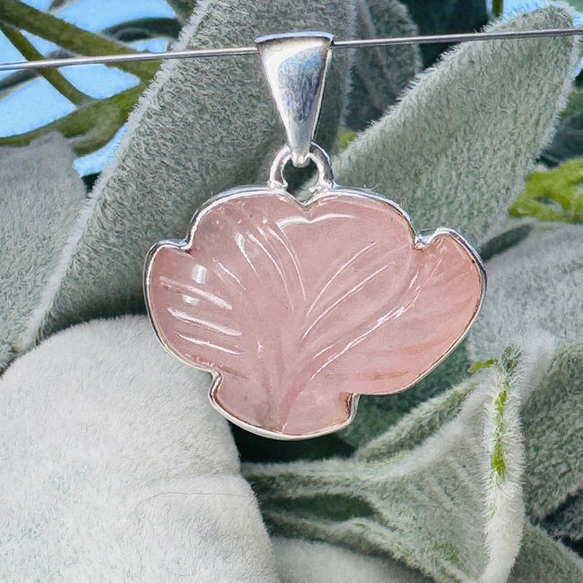 Rose Quartz Pendants - Leaf Carving Round - Bezel Set Sterling Silver
