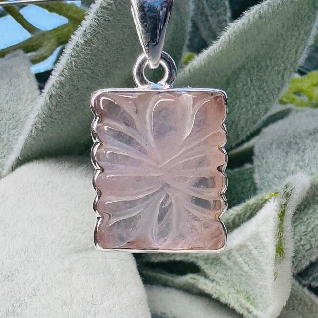 Rose Quartz Pendants - Leaf Carving Rectangle - Bezel Set Sterling Silver