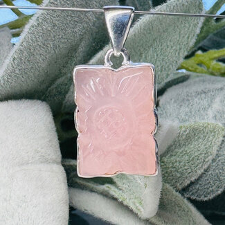 Rose Quartz Pendants - Flower Carving Rectangle - Bezel Set Sterling Silver